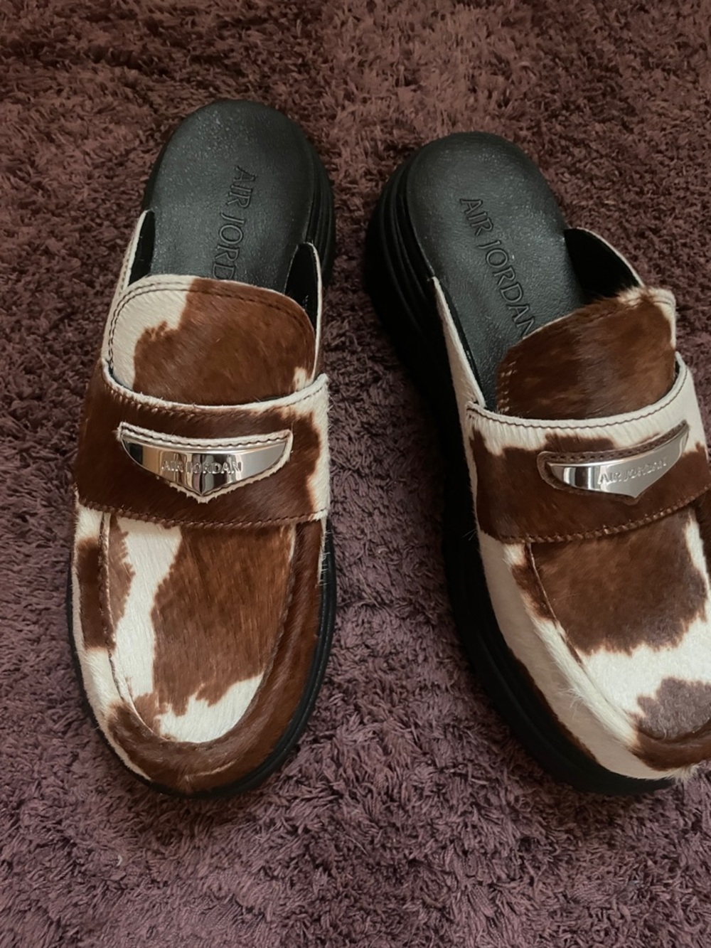Jordan Brown and White Cowhide Mule Loafers with Silver Plate